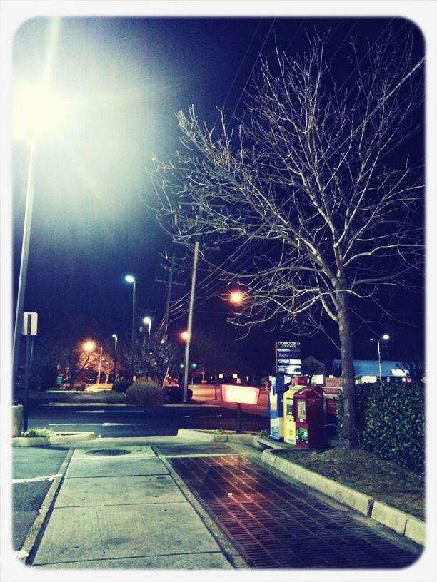 illuminated, night, street light, building exterior, lighting equipment, tree, street, built structure, architecture, sky, the way forward, city, road, bare tree, outdoors, transportation, electric light, dusk, light - natural phenomenon, city street