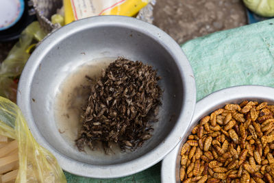 High angle view of rice in bowl