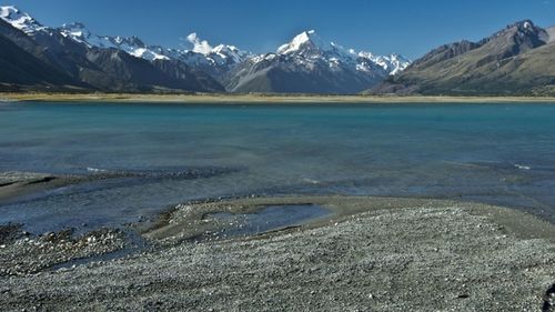 Scenic view of lake and mountains against sky