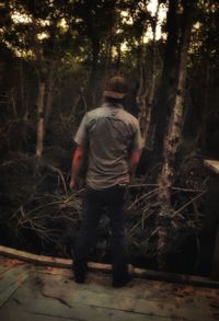 Rear view of man standing by tree in forest