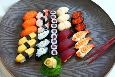 High angle view of sushi on table