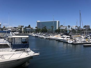 Sailboats moored at harbor