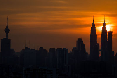 Silhouette of city at sunset