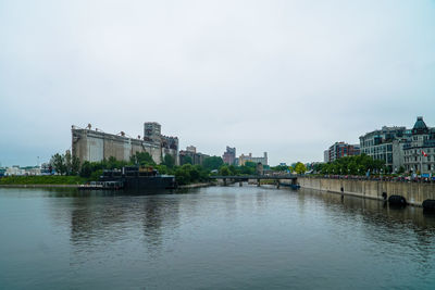 Scenic view of river by cityscape against sky