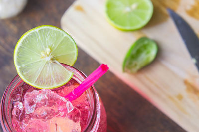 High angle view of drink served in jar on table