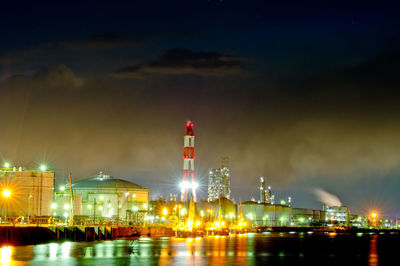 Factory buildings by river against sky at night