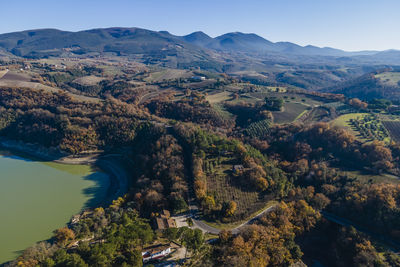 Aerial view of beautiful countryside with mountains in baschi, umbria, italy.