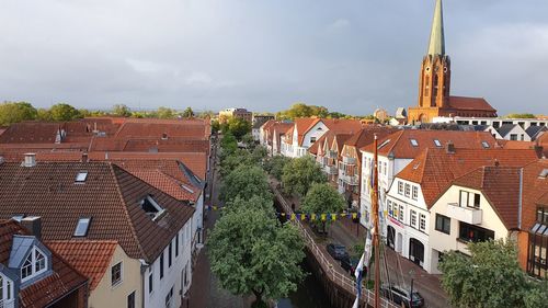 High angle view of buildings in town buxtehude 