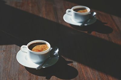 High angle view of coffee cup on table