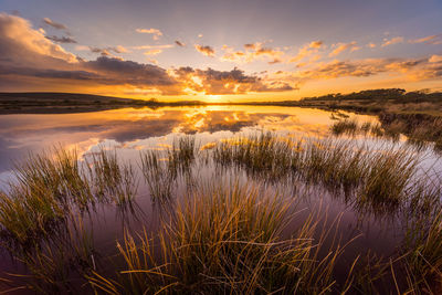 Scenic view of lake against sky during sunset