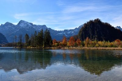 Scenic view of lake and mountains against sky