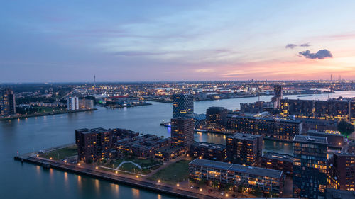 High angle view of illuminated city at night