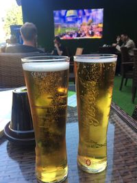 Close-up of beer in glass on table