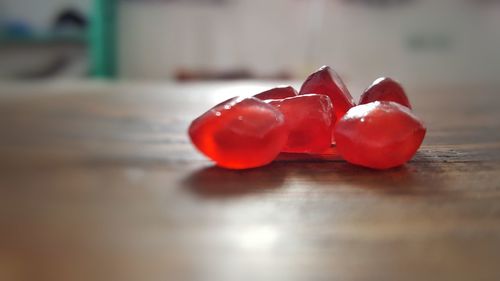 Surface level of strawberry on wooden table