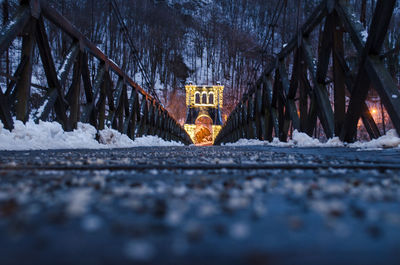 Surface level of snow covered road by trees