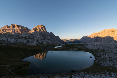 Sesto dolomites landscape view with alpine lake