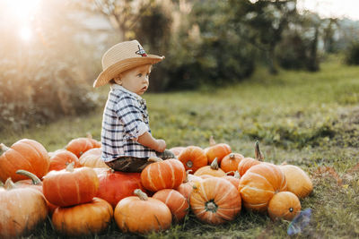 A boy in a cowboy hat and a plaid shirt sits on bright orange pumpkins, side view. holiday