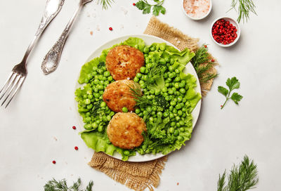 High angle view of salad in plate on table