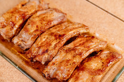 High angle view of meat in plate on table