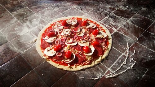 High angle view of pizza on table