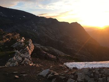 Scenic view of mountains against sky during sunset