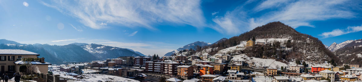 Panoramic view of snowcapped mountains against sky