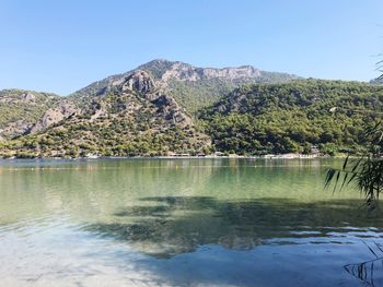 Scenic view of lake and mountains against clear sky