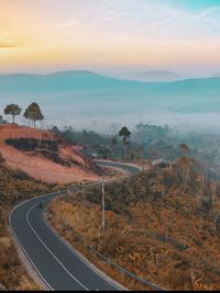 High angle view of landscape against sky during sunset