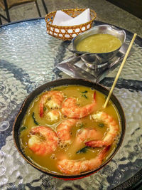 High angle view of food in bowl on table