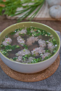 High angle view of soup in bowl on table