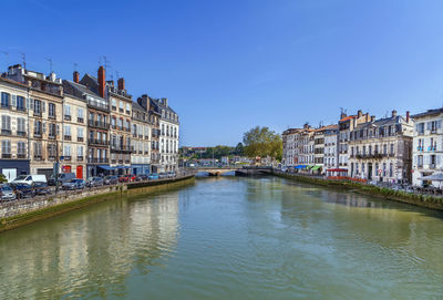 Buildings amidst river in city against clear sky