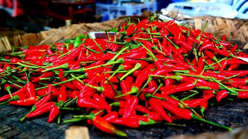 Close-up of red chili peppers for sale in market