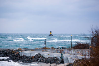 Beautiful winter view of the lighthouse in pomorie, bulgaria.