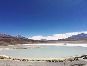 Scenic view of lake against clear blue sky