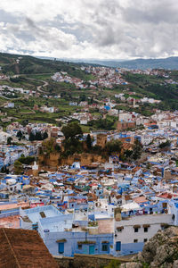 High angle view of houses in town