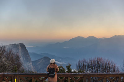 Rear view of man looking at mountains