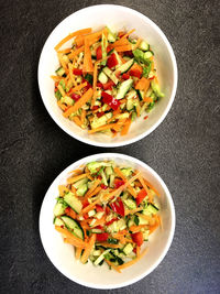 High angle view of salad in bowl on table