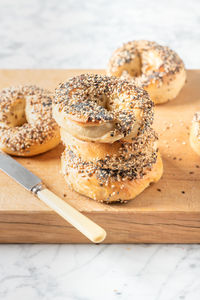 High angle view of bread on cutting board