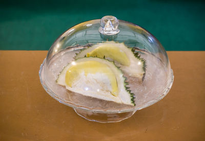 High angle view of drink in glass on table