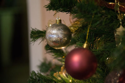 Close-up of christmas decorations hanging on tree