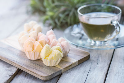 Close-up of dessert and tea on table