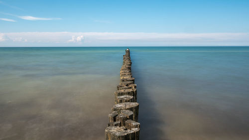 Wooden stumps in calm blue sea