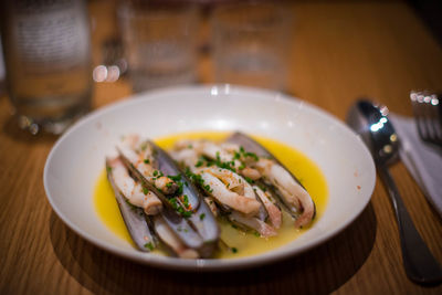 Close-up of meal served in bowl on table