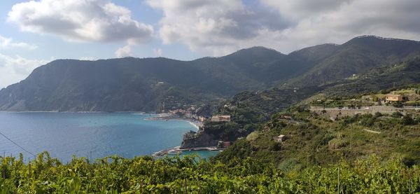 Scenic view of sea and mountains against sky