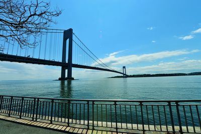 View of suspension bridge over river