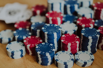 Close-up of multi colored objects on table