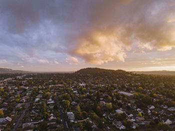 Aerial view of portland. or neighborhood at sunset