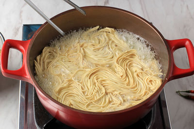 High angle view of soup in bowl on table