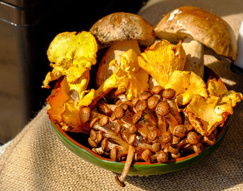 Close-up of mushrooms in bowl on table