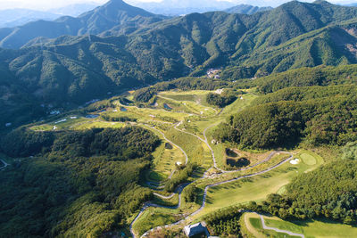 High angle view of plants and mountains